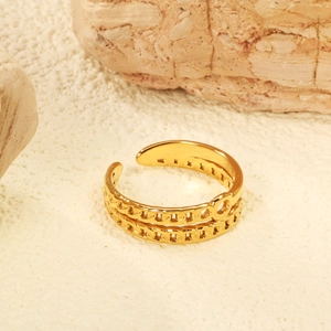 Bague ajustable en acier inoxydable doré 18K avec double chaîne et motif circulaire