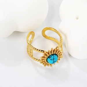 Bohemian 18K gold plated sun ring with turquoise stone and braided hollow band