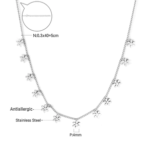 Detail of stainless steel necklace showing 4mm flower charms and 40+5cm chain size