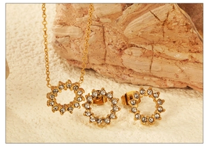 Detailsicht des luxuriösen Goldschmuck-Sets mit Zirkonia-Halskette und runden Ohrringen