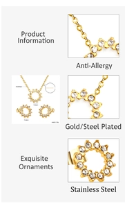 Makro-Detail des vergoldeten Schmucksets aus Edelstahl mit Zirkonia Halskette und Ohrringen