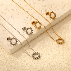 Edelstahl Halskette Und Ohrringe Mit Zirkonia Sonnenblume Rund Hohl Elegant Schmuck Für Frauen Vergoldet