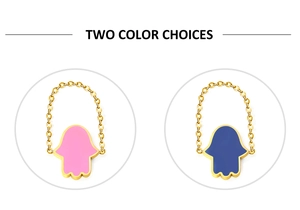 Detail view of gold Hamsa hand charms with pink and blue enamel oil drip finish