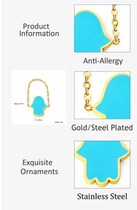 Detailed view of Hamsa Hand ring in gold stainless steel with turquoise enamel inlay