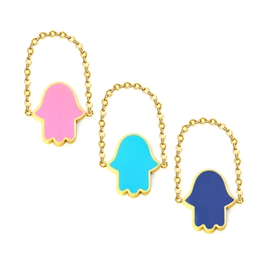 Golden Hamsa Hand chain rings with colorful pink and blue enamel inlay detail