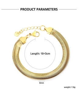 Macro view of 8mm gold-plated stainless steel flat snake chain bracelet with dimensions