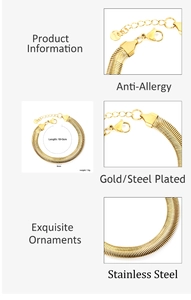 Detail view of 18k gold plated stainless steel 8mm flat snake chain bracelet features