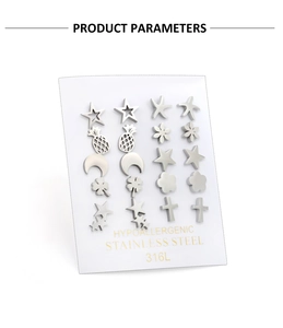 Detailed view of hypoallergenic 316L stainless steel stud earrings set in various shapes