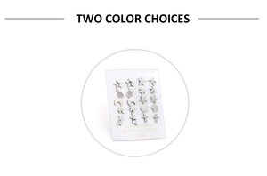 Detailed set of 12 pairs of 316L stainless steel hypoallergenic stud earrings for women