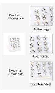 Detail showing various 316L stainless steel stud earrings including star and moon shapes