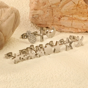 Set of stainless steel stud earrings featuring star, moon, flower and pineapple shapes