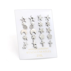 Set of 10 pairs of 316L stainless steel hypoallergenic stud earrings in assorted shapes