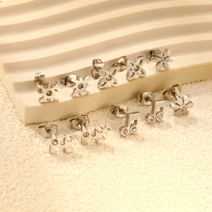 316L Boucles Oreilles Clous Acier Inoxydable Hypoallergénique Strass Fleur Étoile Cœur Lune Note Musique Argenté Femme