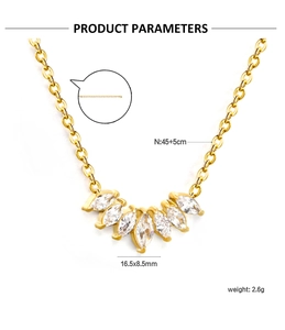Detail view of gold rhombus necklace with marquise zircon and 45+5cm chain specs