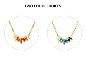 Detail view of gold-tone marquise zircon necklace in warm and cool color options