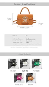 Detailed size specifications and material chart for the PU leather crossbody handbag