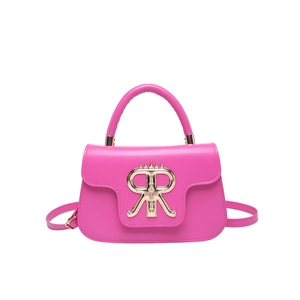Chic hot pink square handbag with decorative gold buckle and adjustable crossbody strap