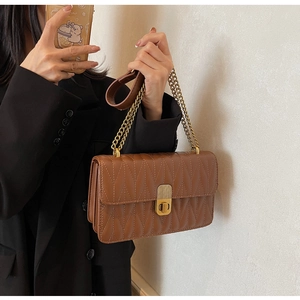 Brown quilted crossbody bag with gold chain strap shown on a model in a casual pose
