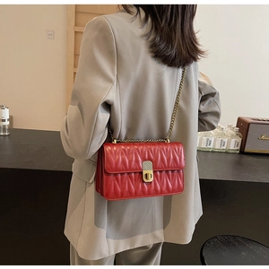 Red quilted leather crossbody bag with gold chain strap shown on model in grey suit