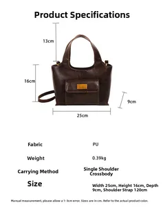 Spécifications de taille du sac à main en cuir PU marron foncé avec plaque logo dorée