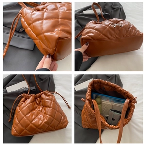 Detailed views of brown quilted tote bag showing interior capacity and drawstring bow detail