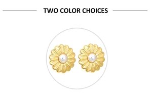 Macro detail of 18K gold flower earrings with elegant pearls and radial petal textures