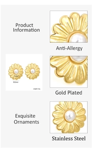 Detailed view of gold flower earrings with pearl center and 25.2mm diameter specs