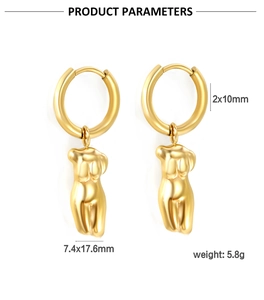 Detailed view of gold stainless steel female body earrings with specific size measurements