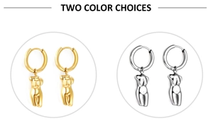 Artistic female torso body sculpture hoop earrings in polished gold and silver finishes