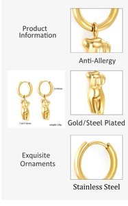 Detailed size specifications for gold stainless steel female torso sculpture earrings