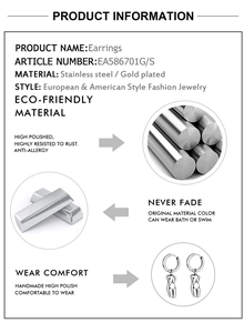 Detailed specs for gold plated stainless steel female silhouette earrings with high polish
