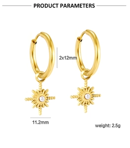 Detail showing dimensions of golden starburst hoop earrings with white faux pearl centers