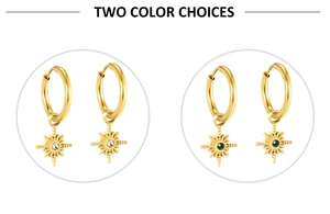 Detail of gold starburst earrings with white and green crystal options in a duo view