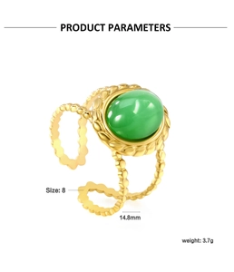 Vue détaillée montrant la bague en pierre verte avec largeur 14,8mm et taille 8 indiquée