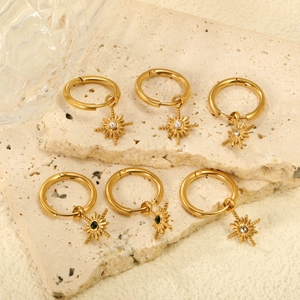 Gold Plated Stainless Steel Hoop Earrings With Starburst Pendant Zircon Faux Artificial Pearl Vintage Bohemian Jewelry For Women