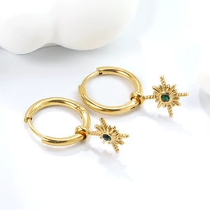 Exquisite gold stainless steel North Star hoop earrings with green zircon pendants