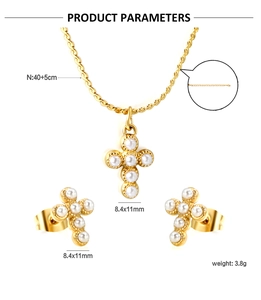 Paramètres de taille détaillés pour parure de bijoux croix dorée et perles