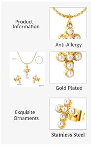 Détail de boucles d'oreilles et collier croix en perles et acier doré avec dimensions
