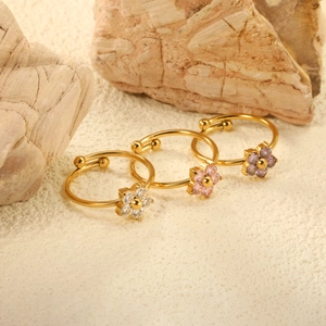 Bagues fleurs dorées élégantes avec pierres de zircon colorées au design ajustable