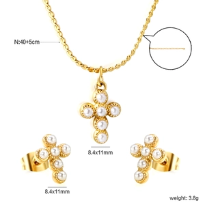 Parure de bijoux croix vintage française en or avec zircons et perles pour femmes
