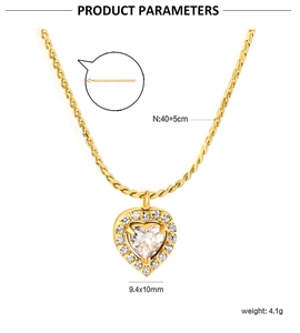 Detail view of heart pendant necklace with zircon inlay and product size specifications