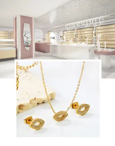 Detailed view of gold evil eye jewelry set with zircon necklace and stud earrings