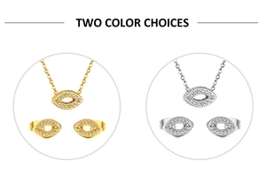 Detail of stainless steel evil eye jewelry set with marquise zircon in gold and silver