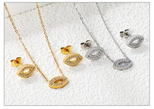 Detail of evil eye jewelry set with zircon inlay in gold and silver finish
