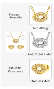 Detailed view of evil eye stainless steel jewelry set with dimensions and plating info