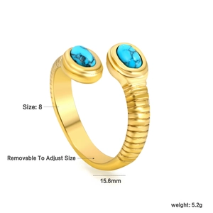 Detail of adjustable gold ring size 8 with turquoise stone and dimension measurements