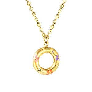 Gold circle necklace with colorful enamel flowers and shimmering zircon crystals