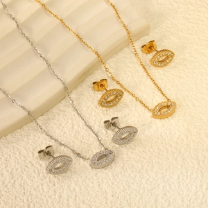 Stainless Steel Eye Shape Necklace And Earrings Jewelry Set With Cubic Zirconia Pave Minimalist INS Style Fashion For Women