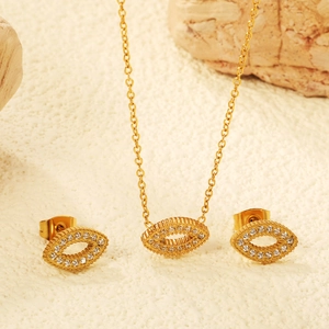 Golden stainless steel jewelry set featuring evil eye zircon necklace and earrings