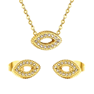 Golden eye-shaped jewelry set with necklace and earrings featuring sparkling zircon inlay